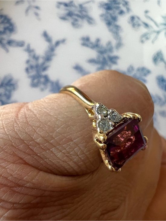 Gold Tone Purple Emerald Cut CZ Statement Ring Size 6.5 #651